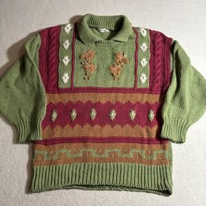 Vintage Hand Knit Sweater Womens Medium Floral Embroidered Pullover 90s Koret